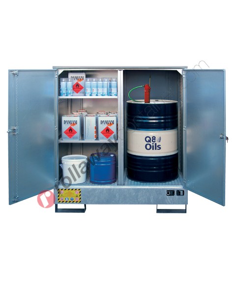 Drum storage cabinet in galvanized steel 1395 x 905 x 1600 mm with spill pallet and shelves