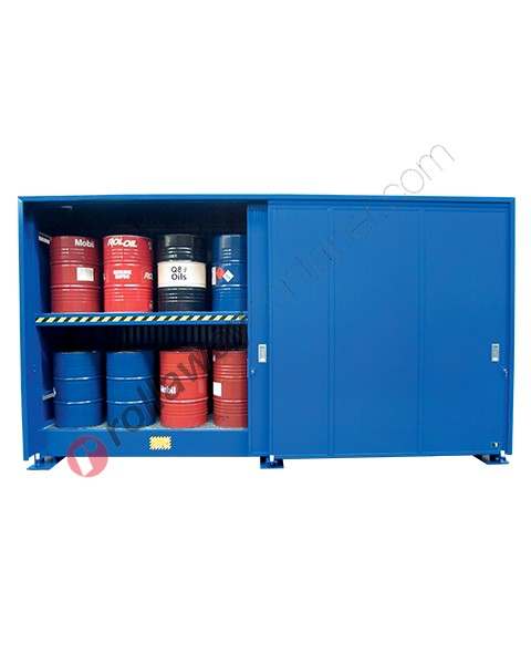 Storage container in steel 6240 x 1450 mm with spill pallet for drums 200 lt on grating