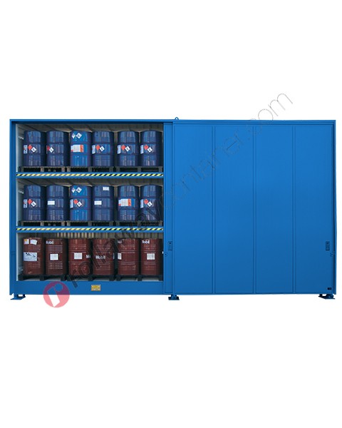 Storage container in steel with spill pallet and 3 levels for drums 200 lt on pallet