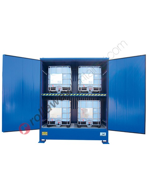 Compact storage container in steel with spill pallet and 2 levels for tanks 1000 lt