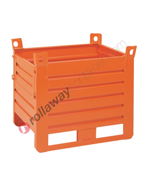 Sheet metal container heavy with skids on long side and door on short side