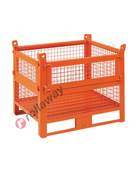 Mesh container with skids on long side and two doors