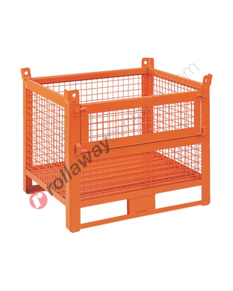 Mesh container with skids on long side and door