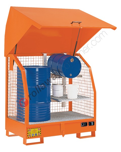 Drum storage cabinet in painted steel 1380 x 910 x 1520 mm with spill pallet and mesh walls