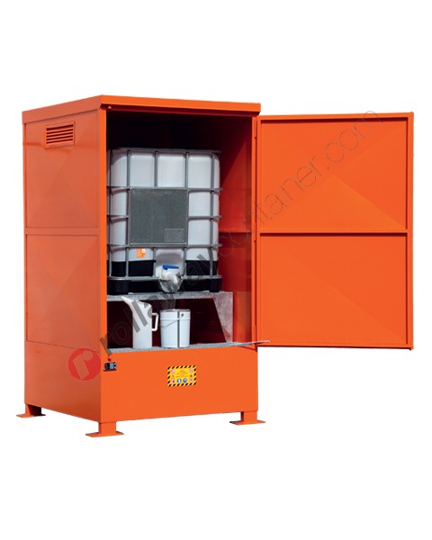 IBC storage cabinet in painted steel 1350 x 1660 x 2535 mm with spill pallet