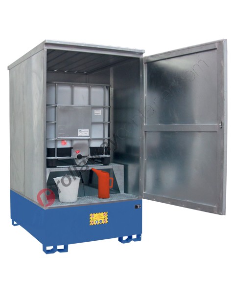 IBC storage cabinet in galvanized steel 1405 x 1810 x 2625 mm with spill pallet