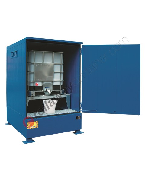 IBC storage cabinet in painted steel 1600 x 1870 x 2565 mm with spill pallet and thermal insulation