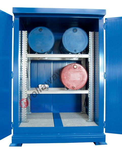 Drum storage cabinet in galvanized painted steel 2000 x 1550 x 2700 mm with spill pallet and thermal insulation
