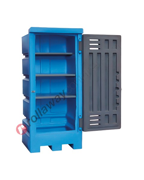 Drum storage cabinet in polyethylene 830 x 830 x 1990 mm with spill pallet and shelves