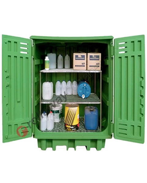 Drum storage cabinet in polyethylene 1540 x 1000 x 1940 mm with spill pallet and shelving