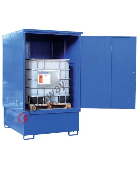 IBC storage cabinet in painted steel 1410 x 1730 x 2535 mm with spill pallet