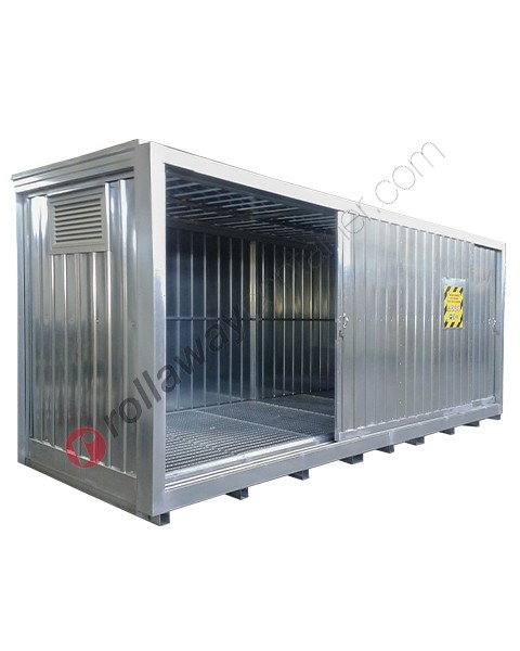 Modulcontainer for floor tanks in steel with spill pallet and sliding doors group size 2
