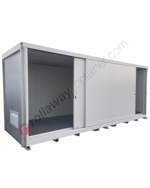 Modulcontainer for floor drums with polyurethane insulated panels, spill pallet and sliding doors