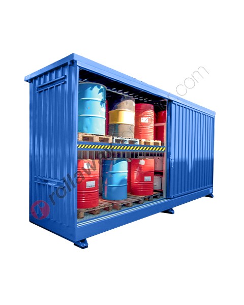 Modulcontainer for drums on shelf in steel with spill pallet and sliding doors group size 1