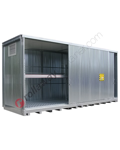 Modulcontainer for drums on shelf in steel with spill pallet and sliding doors group size 2