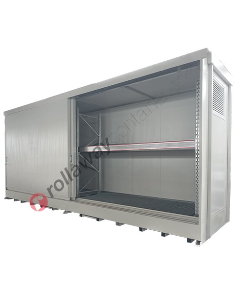 Modulcontainer for drums on shelf with EI/REI120 certified panels, spill pallet and sliding doors