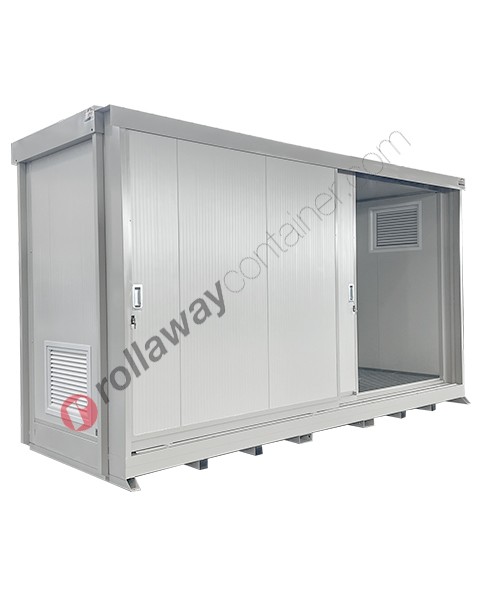 Modulcontainer open space with EI/REI120 certified panels, spill pallet and sliding doors