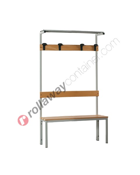Locker room bench in steel with wooden slats and coat hooks 3 seats