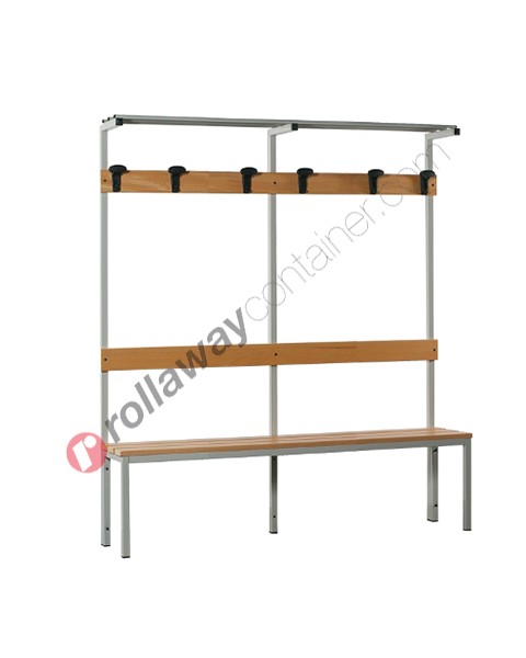 Locker room bench in steel with wooden slats and coat hooks 4 seats