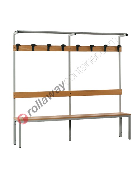 Locker room bench in steel with wooden slats and coat hooks 6 seats