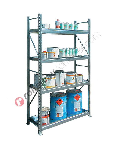 Metal storage shelves 1305 x 400 x 2200 mm with 4 spill pallet shelves