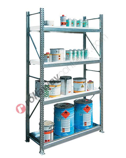 Metal storage shelves 1305 x 600 x 2200 mm with 1 spill pallet shelf and 3 grilled shelves