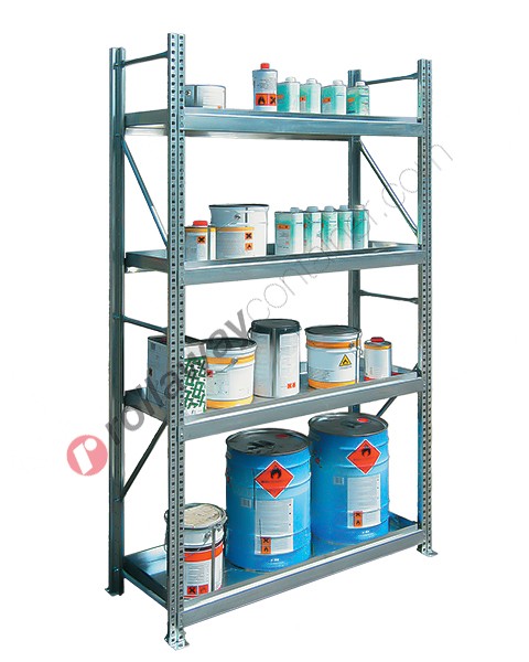 Metal storage shelves 1305 x 600 x 2200 mm with 4 spill pallet shelves