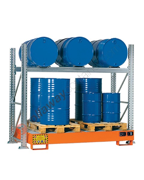 Metal storage shelves with spill pallet for 3 200 lt horizontal drums and 3 200 lt vertical drums