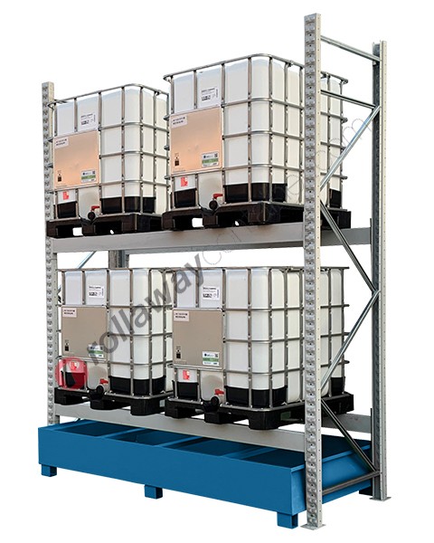 Metal storage shelves space saver with spill pallet for 4 1000 lt IBCs on 2 levels