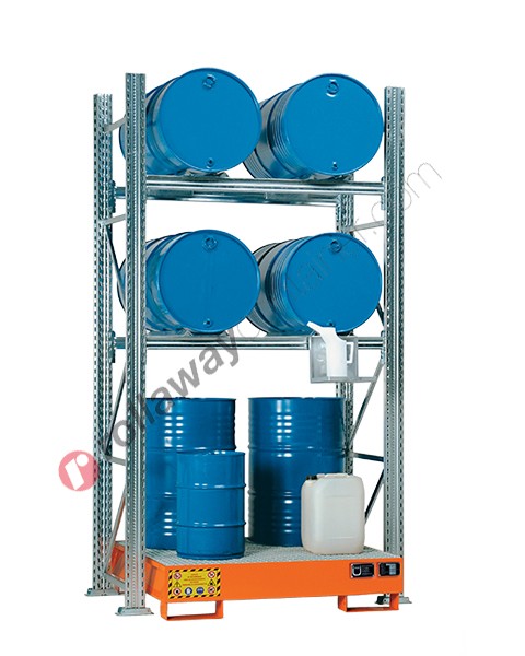 Metal storage shelves with spill pallet for 4 200 lt horizontal drums and 2 200 lt vertical drums