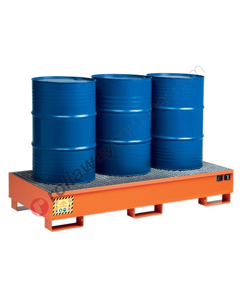 Drum spill pallet in painted steel with grid 2010 x 850 x 330 mm for 3 drums