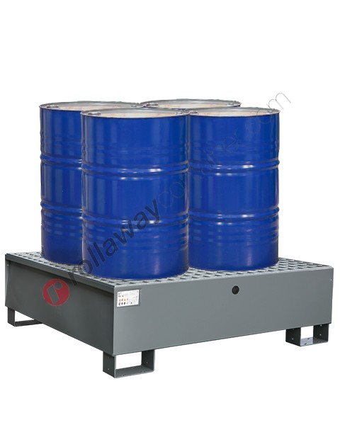 Drum spill pallet 300 lt in painted steel with grid 1355 x 1255 x 290 mm for 4 drums