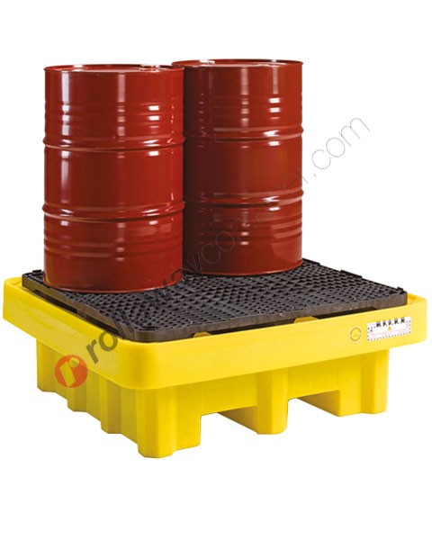 Drum spill pallet 500 lt in polyethylene with grid 1350 x 1350 x 490 mm for 4 drums