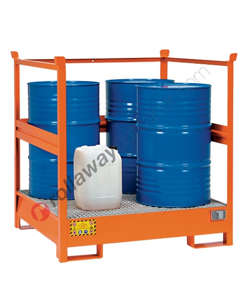 Drum sump pallet in painted steel with grid and open sides 1350 x 1260 x 1430 mm for 4 drums