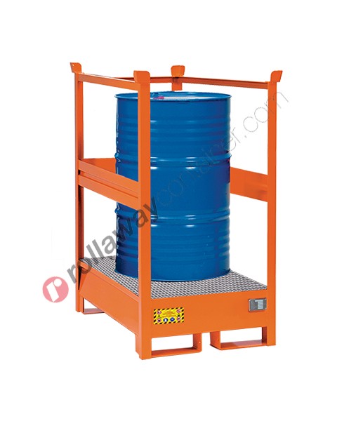 Drum sump pallet in painted steel with grid and open sides 870 x 870 x 1460 mm for 1 drum