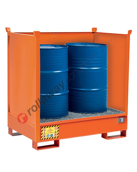 Drum sump pallet in painted steel with grid and splash guards 1350 x 860 x 1460 mm for 2 drums