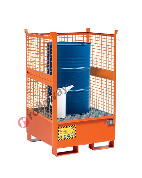 Drum sump pallet in painted steel with grid and mesh sides 870 x 870 x 1460 mm for 1 drum