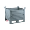 Sheet metal container heavy with skids on long side and door on long side