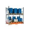 Metal storage shelves with spill pallet for 16 200 lt vertical drums on 2 levels