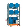 Metal storage shelves with spill pallet for 4 200 lt horizontal drums and 2 200 lt vertical drums