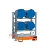 Metal storage shelves with spill pallet for 4 200 lt horizontal drums on 2 levels