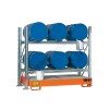 Metal storage shelves with spill pallet for 6 200 lt horizontal drums on 2 levels