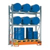 Metal storage shelves with spill pallet for 6 200 lt horizontal drums and 3 200 lt vertical drums