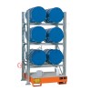 Metal storage shelves with spill pallet for 6 200 lt horizontal drums on 3 levels