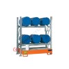 Metal storage shelves with spill pallet for 6 60 lt horizontal drums on 2 levels