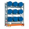 Metal storage shelves with spill pallet for 9 200 lt horizontal drums on 3 levels