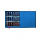Storage container in steel with spill pallet and 3 levels for drums 200 lt on pallet