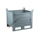 Sheet metal container heavy with skids on long side and door on long side