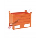 Small sheet metal container with skids on long side and smooth side walls