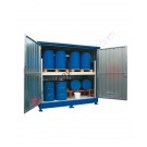 Modulcontainer for drums on shelf in steel with spill pallet and swing doors